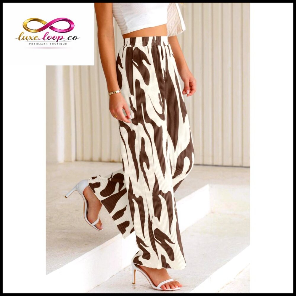 Wide Leg Palazzo Pants High‎ Waist Pleated Lounge Casual Graphic Print - Picture 6 of 7